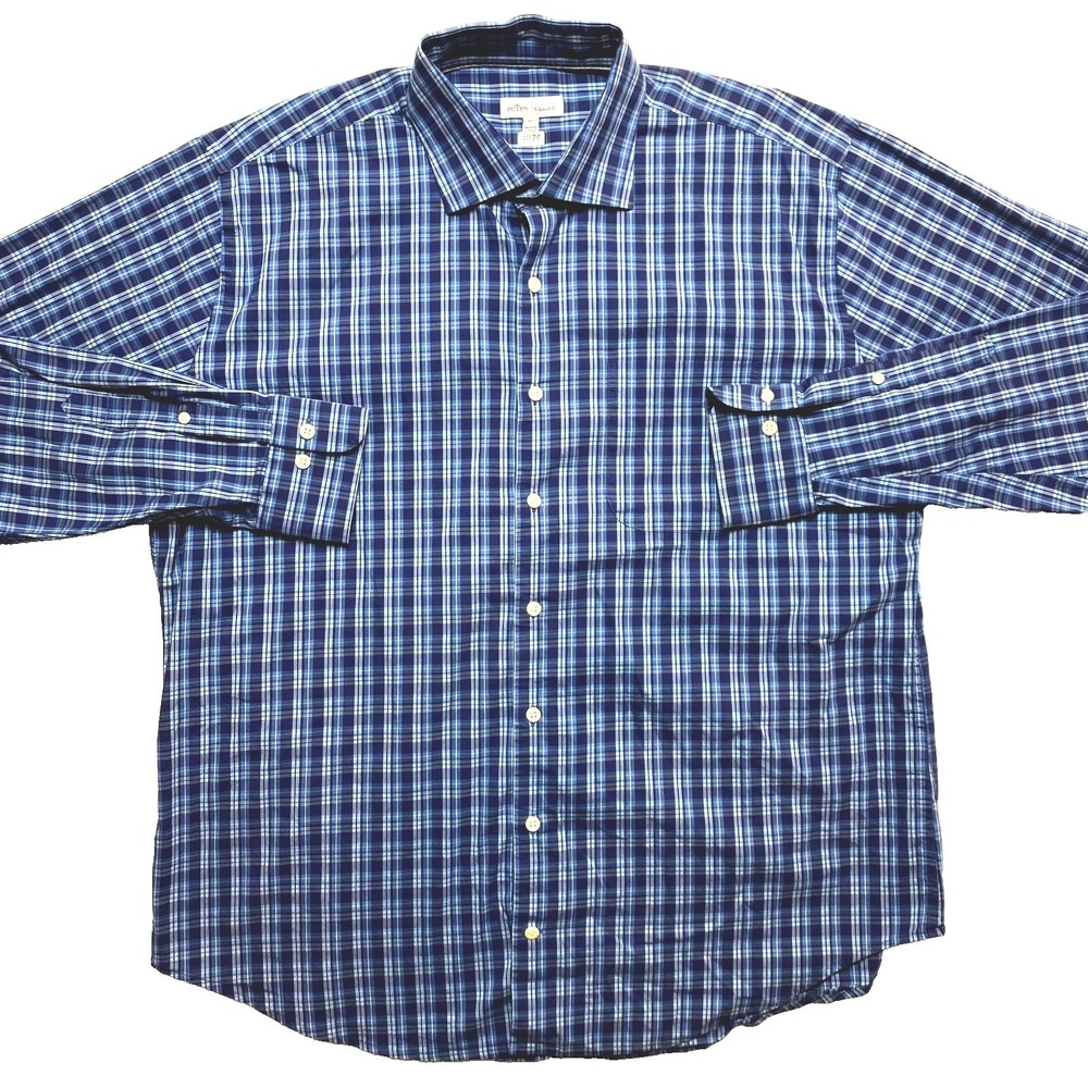 Peter Millar Shirt Mens Extra Large Blue White Long Sleeve Button Up Plaid - Picture 1 of 11